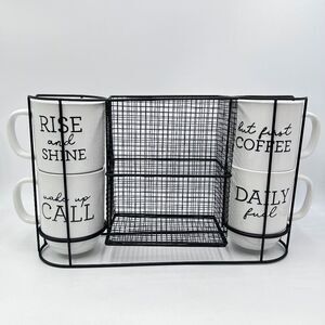Boston Warehouse Coffee Mug & Black Wire Pod Holder 5‎ Piece Set 4 Stacking Mugs